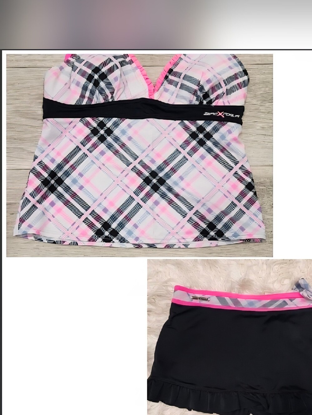 ZeroXposur Pink Plaid Tankini Top with Black Swim Skirt
